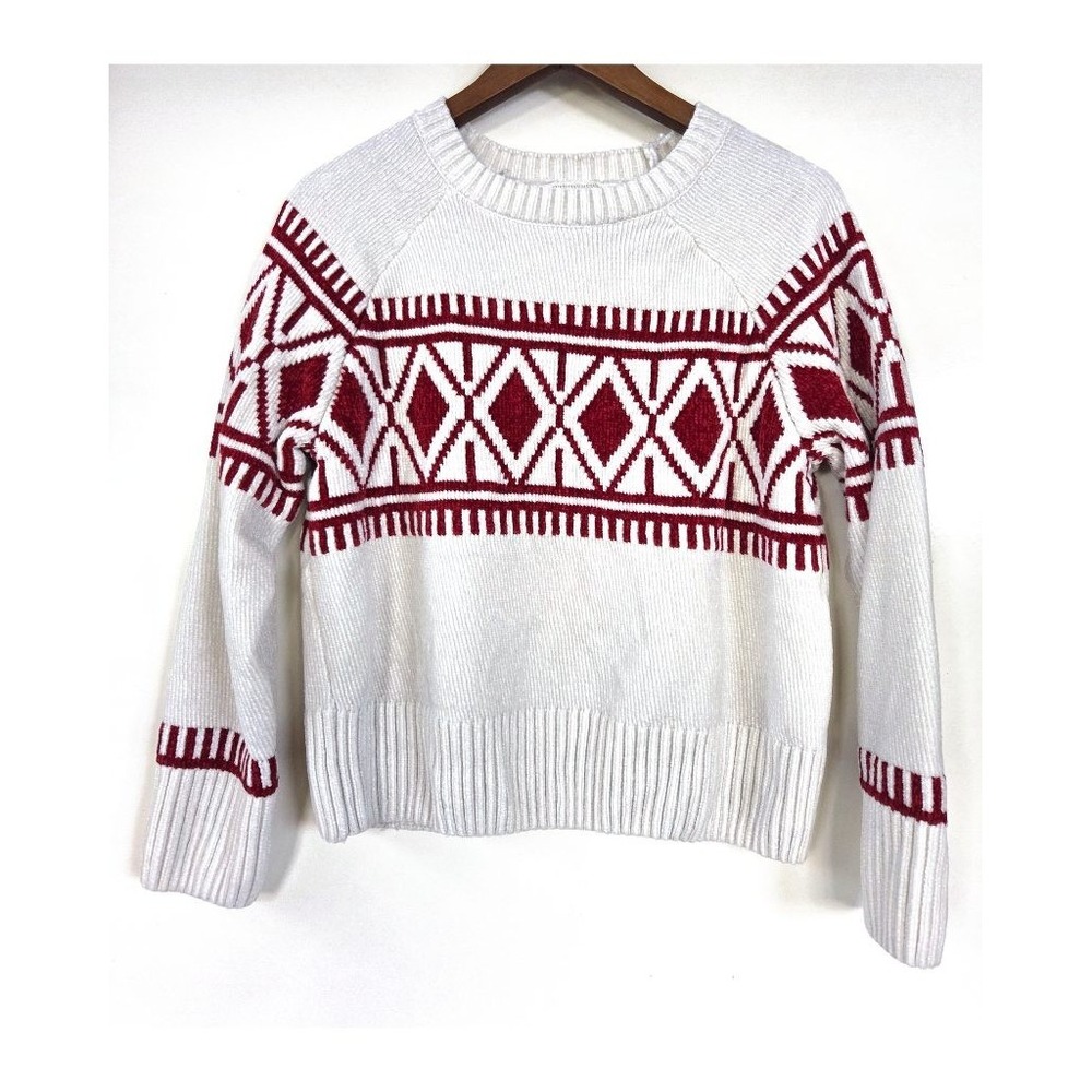 Christian Siriano Chenille Sweater Womens L Aztec Fair Isle Cream Red Western